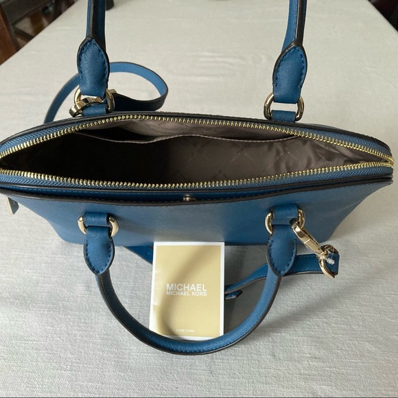 MICHAEL KORS Cindy Large Dome Crossgrain Blue Chambray Leather Satchel Purse Bag - Picture 9 of 14